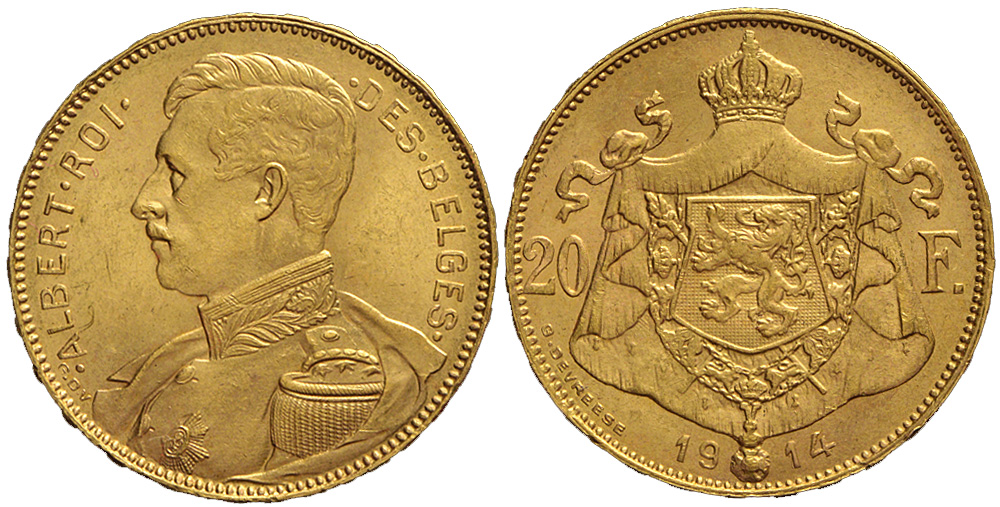Belgium Albert Francs 1914 Gold 