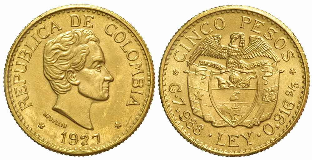 Colombia Republic Pesos 1927 Gold 