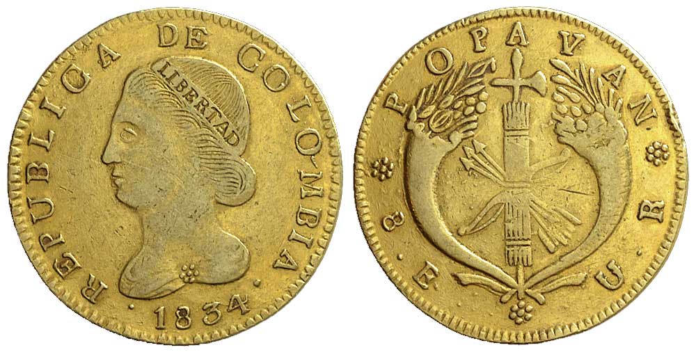 Colombia Republic Colombia Escudos 1834 Gold 