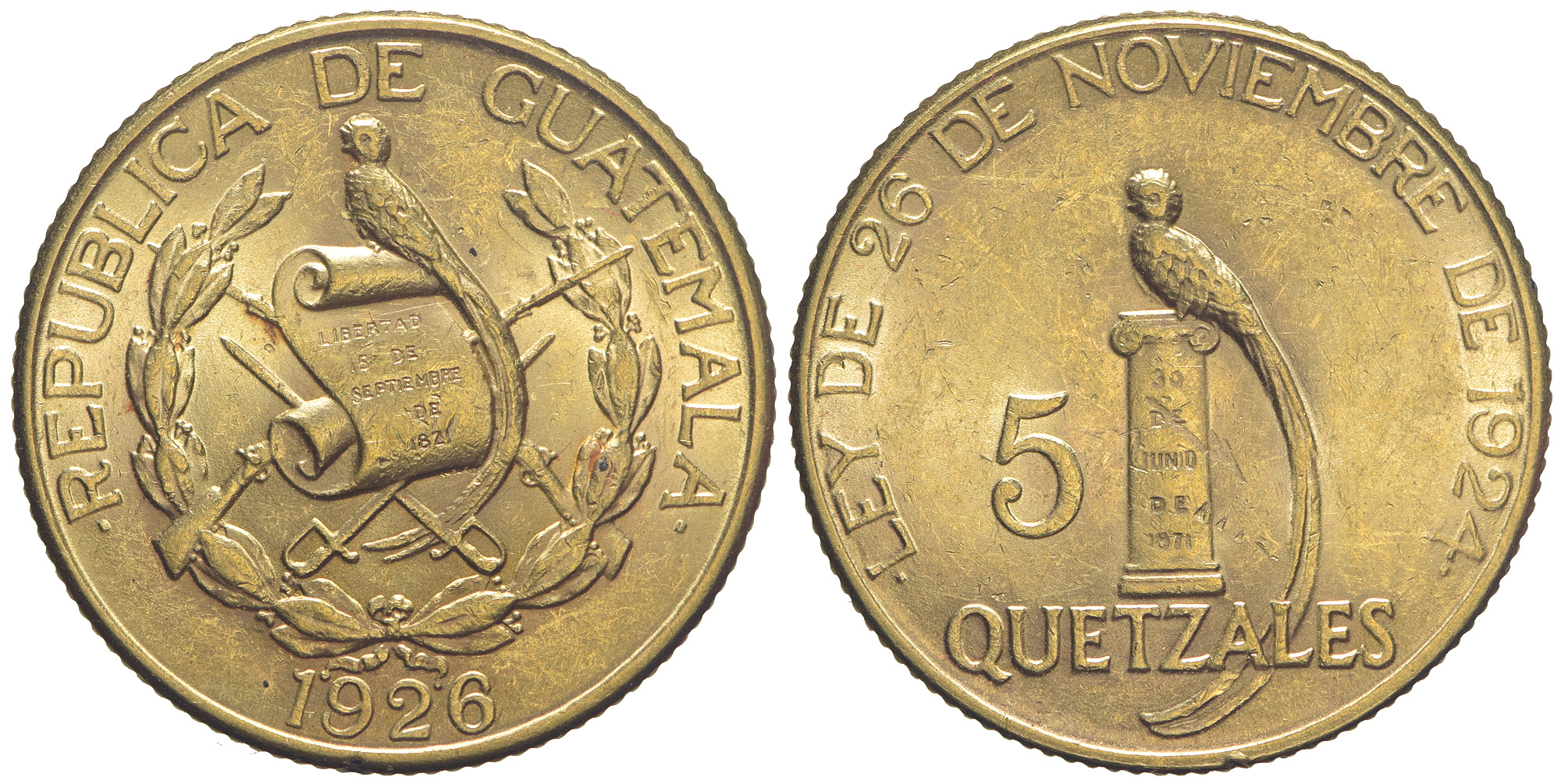 Guatemala Republic Quetzales 1926 Gold 