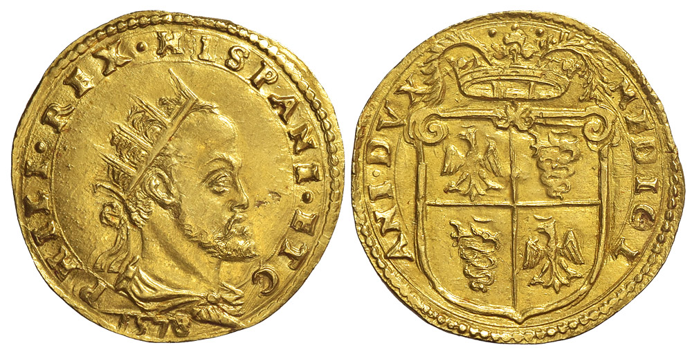 Italy-A-Regional-Mints-Milano-Philip-II-Doppia-1578-Gold