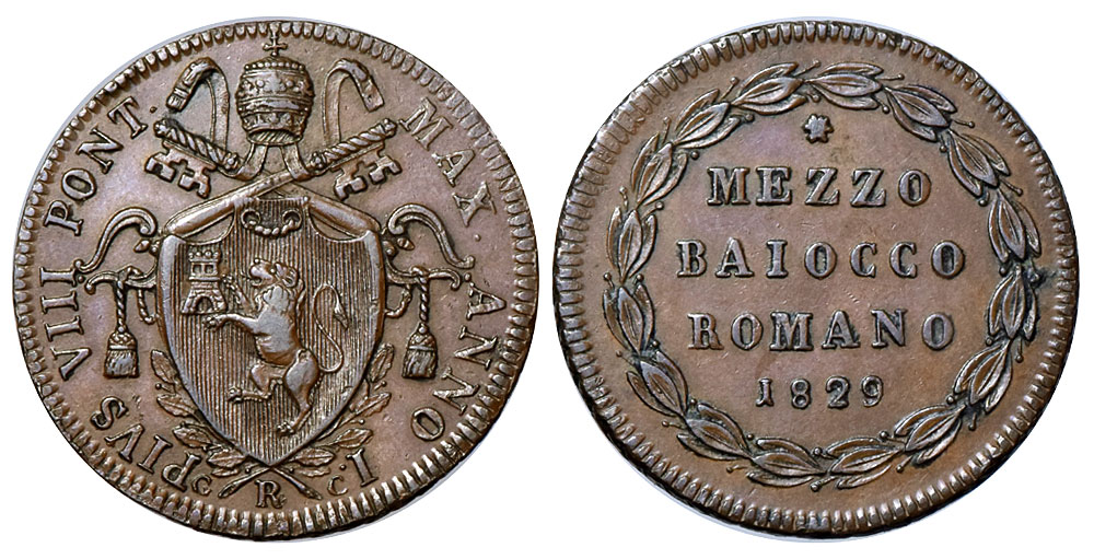 Italy Papal States Rome Pius VIII Baiocco 1829 