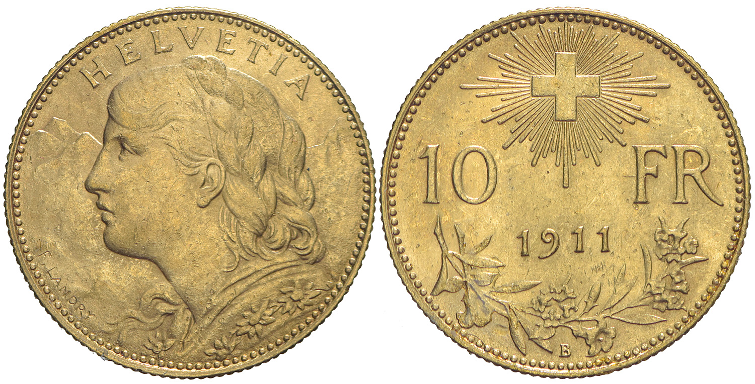 Switzerland Confoederatio Helvetica Francs 1911 Gold 
