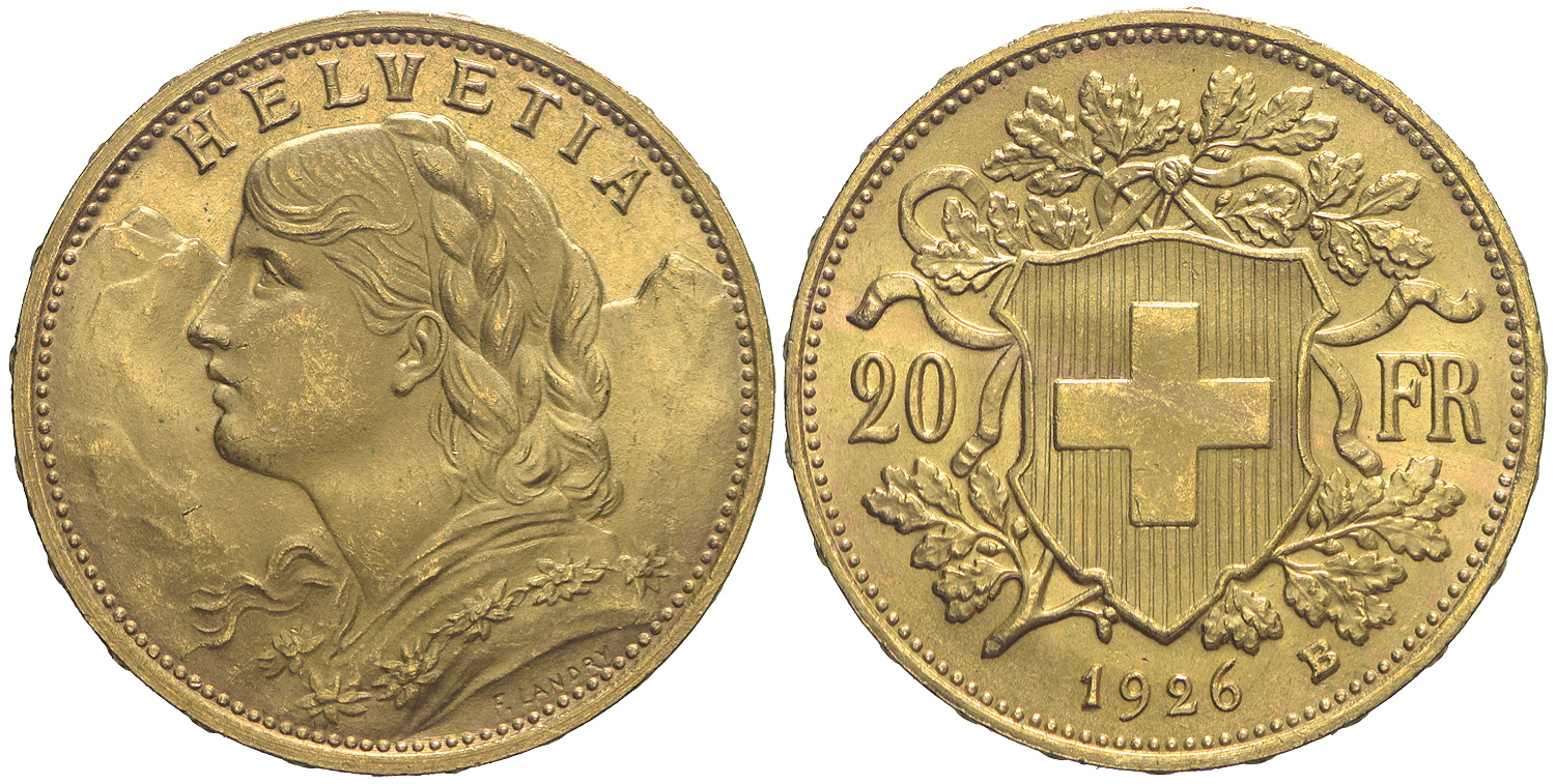 Switzerland Confoederatio Helvetica Francs 1926 Gold 
