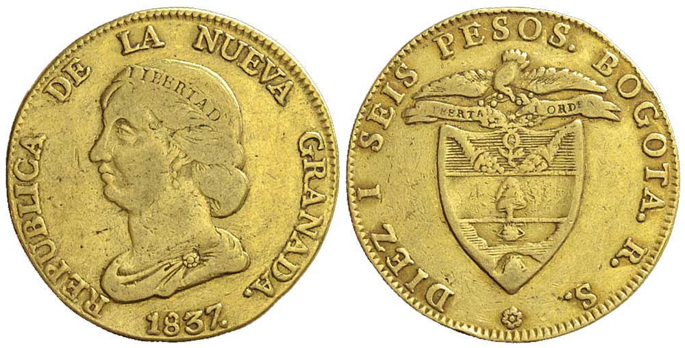 Colombia Republic Nueva Granada Pesos 1837 Gold 