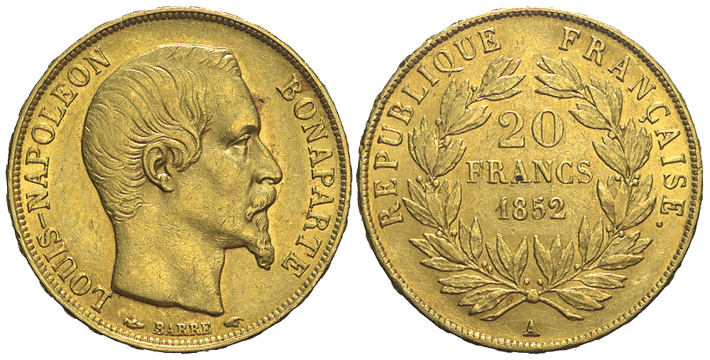 France Second Republic Francs 1852 Gold 
