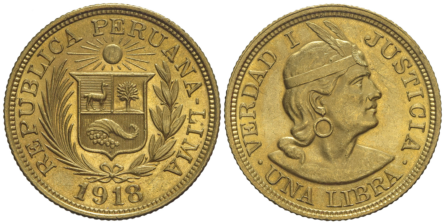Peru Trade Coinage Libra 1918 Gold 