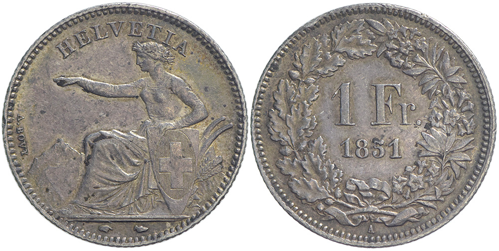 Switzerland Confoederatio Helvetica Franc 1851 