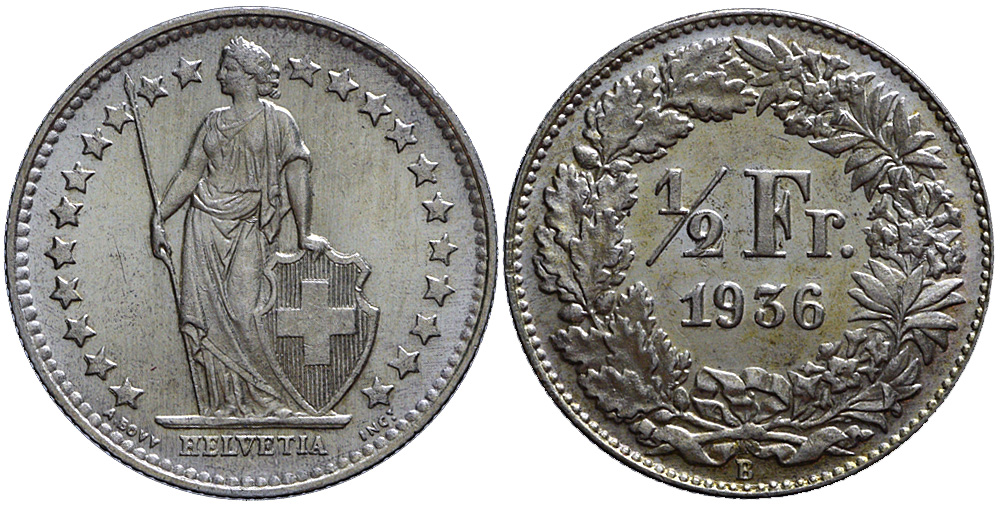 Switzerland Confoederatio Helvetica Franc 1936 
