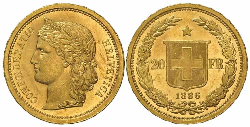 Switzerland Confoederatio Helvetica Francs 1886 Gold 