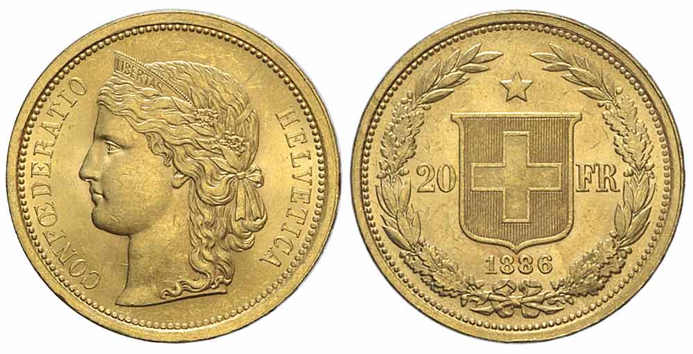 Switzerland Confoederatio Helvetica Francs 1886 Gold 