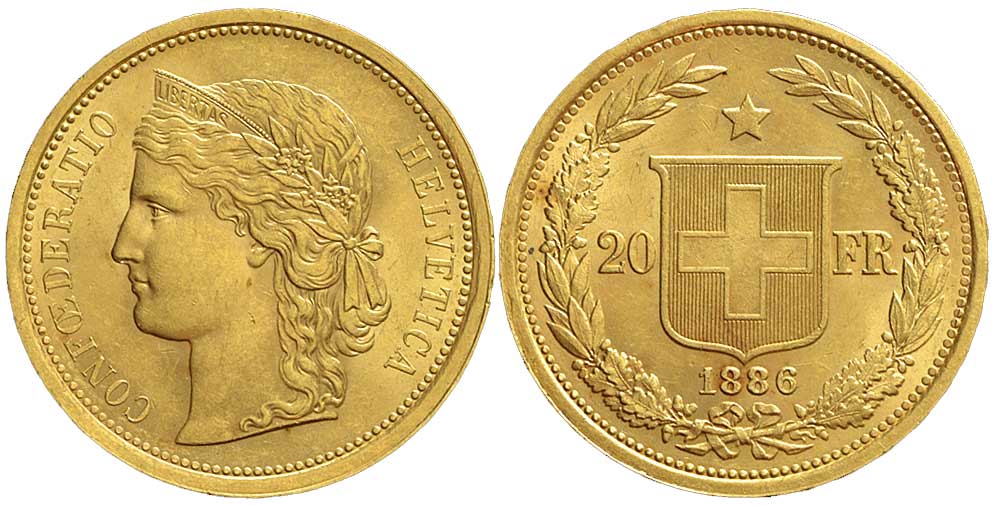 Switzerland Confoederatio Helvetica Francs 1886 Gold 