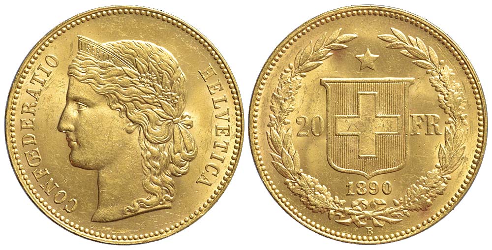 Switzerland Confoederatio Helvetica Francs 1890 Gold 