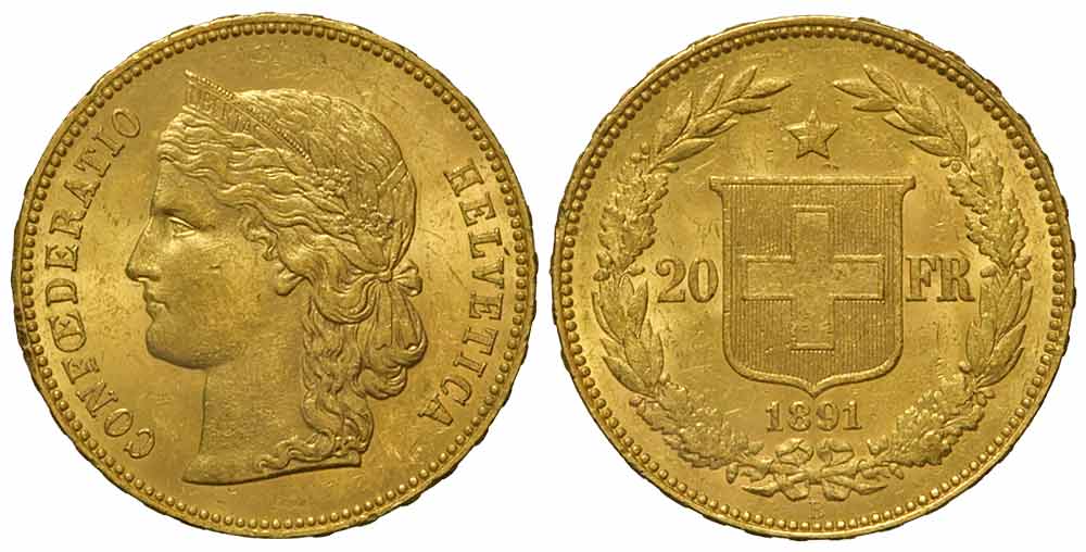Switzerland Confoederatio Helvetica Francs 1891 Gold 