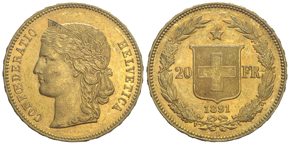 Switzerland Confoederatio Helvetica Francs 1891 Gold 