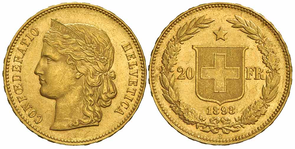 Switzerland Confoederatio Helvetica Francs 1893 Gold 