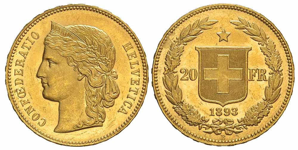 Switzerland Confoederatio Helvetica Francs 1893 Gold 