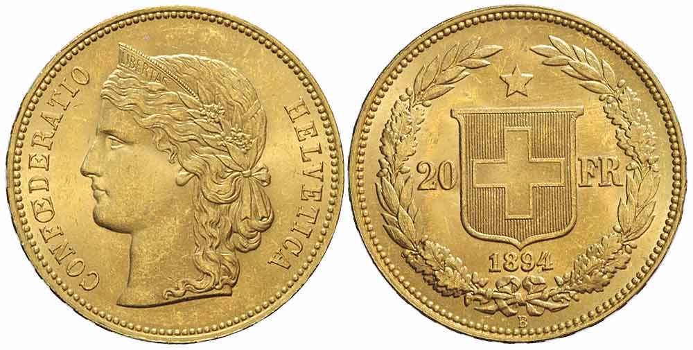 Switzerland Confoederatio Helvetica Francs 1894 Gold 