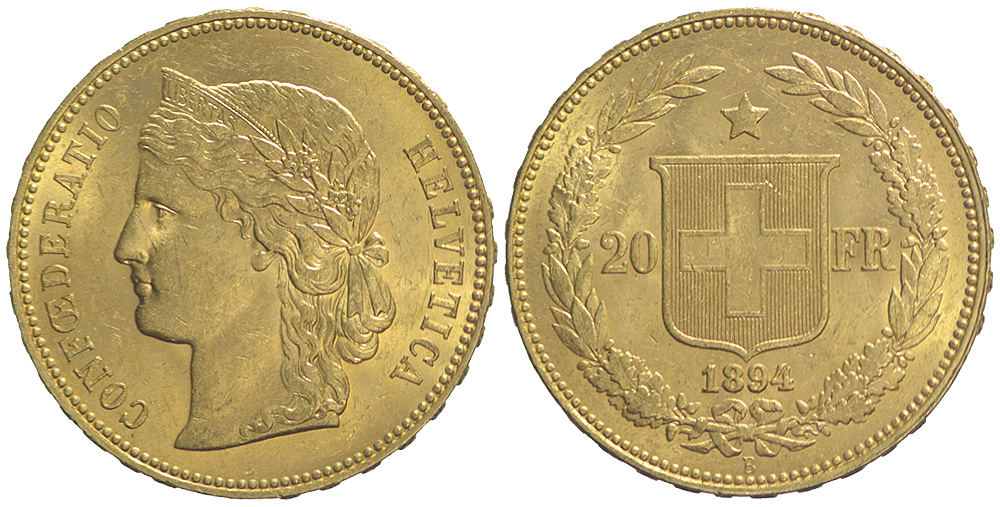 Switzerland Confoederatio Helvetica Francs 1894 Gold 