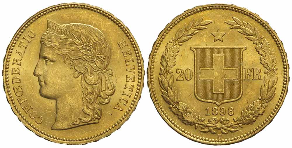 Switzerland Confoederatio Helvetica Francs 1896 Gold 