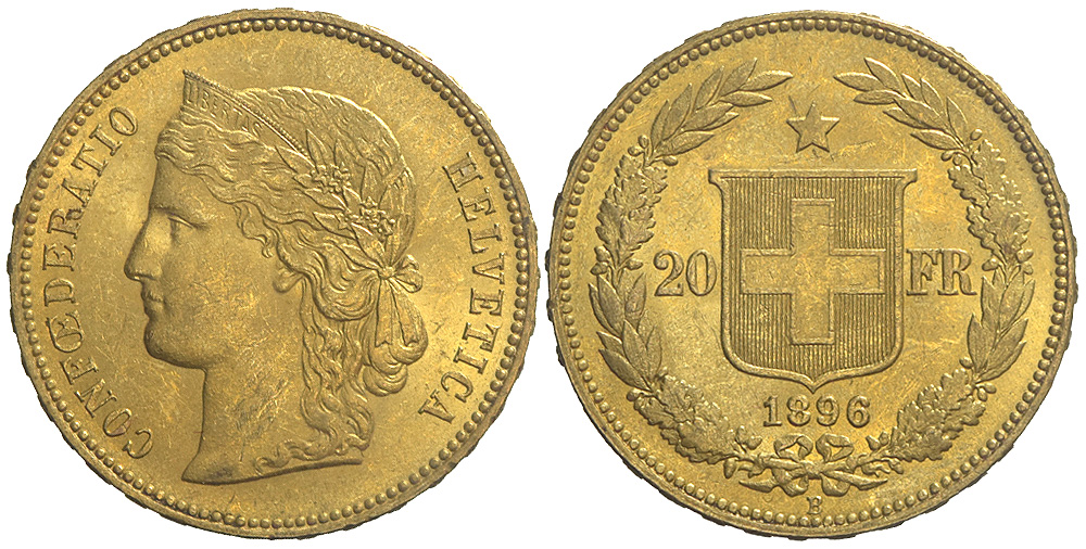 Switzerland Confoederatio Helvetica Francs 1896 Gold 