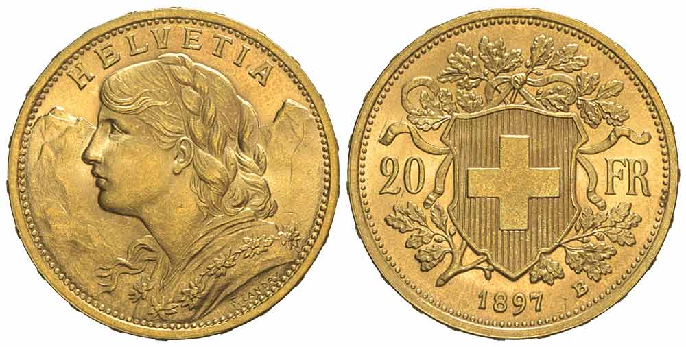 Switzerland Confoederatio Helvetica Francs 1897 Gold 