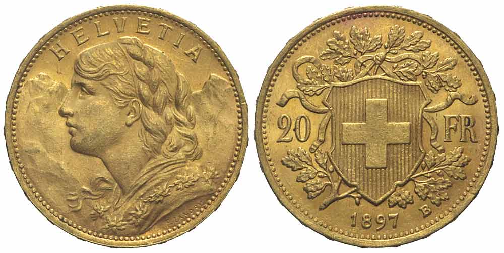 Switzerland Confoederatio Helvetica Francs 1897 Gold 