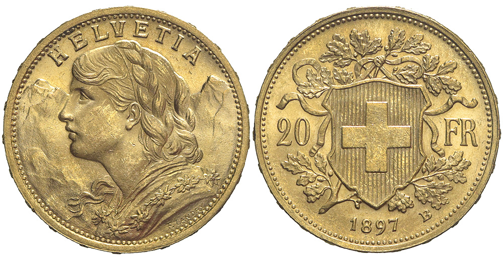 Switzerland Confoederatio Helvetica Francs 1897 Gold 