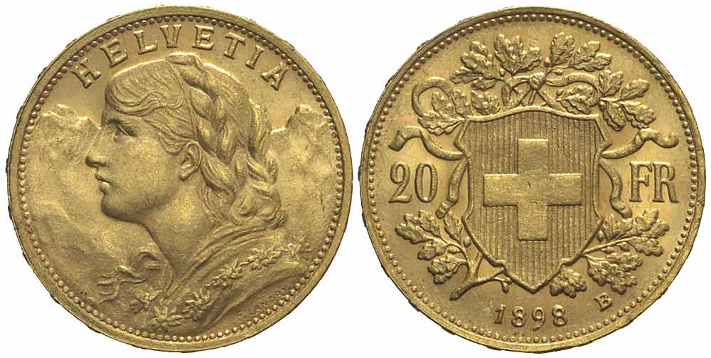 Switzerland Confoederatio Helvetica Francs 1898 Gold 