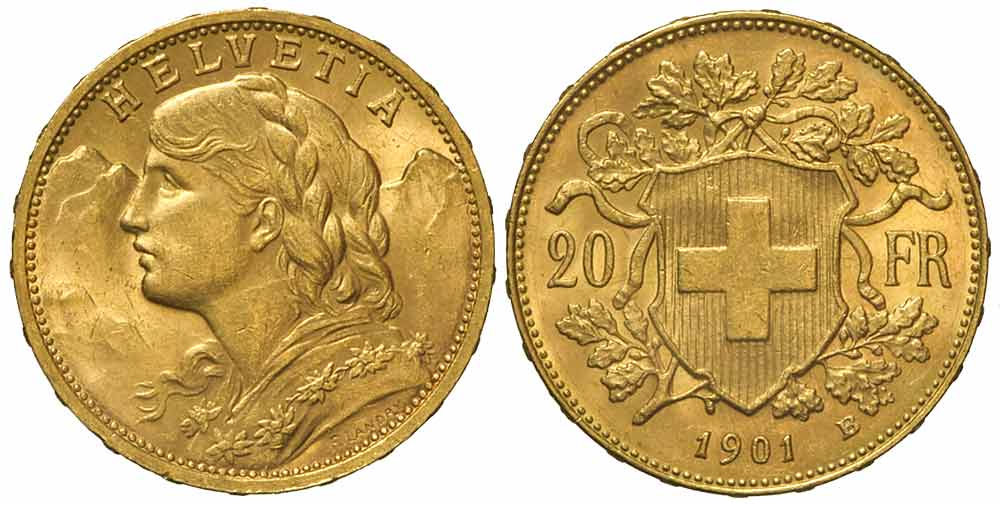 Switzerland Confoederatio Helvetica Francs 1901 Gold 