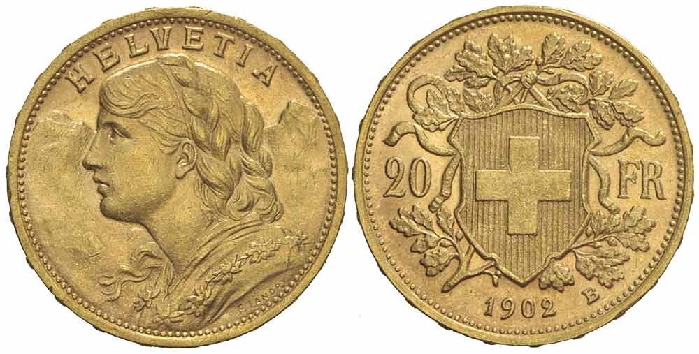 Switzerland Confoederatio Helvetica Francs 1902 Gold 