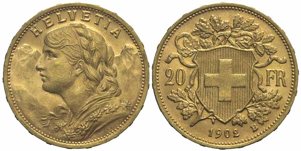 Switzerland Confoederatio Helvetica Francs 1902 Gold 