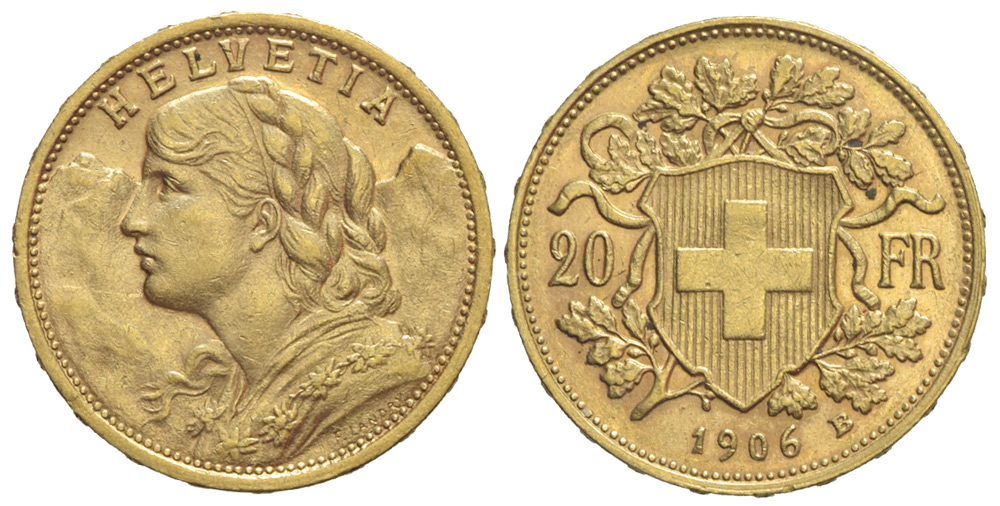 Switzerland Confoederatio Helvetica Francs 1906 Gold 