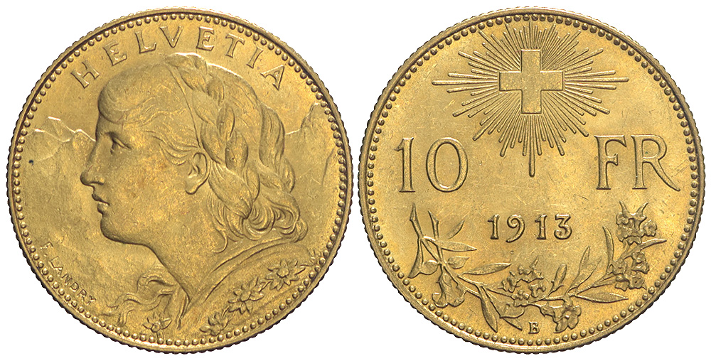 Switzerland Confoederatio Helvetica Francs 1913 Gold 