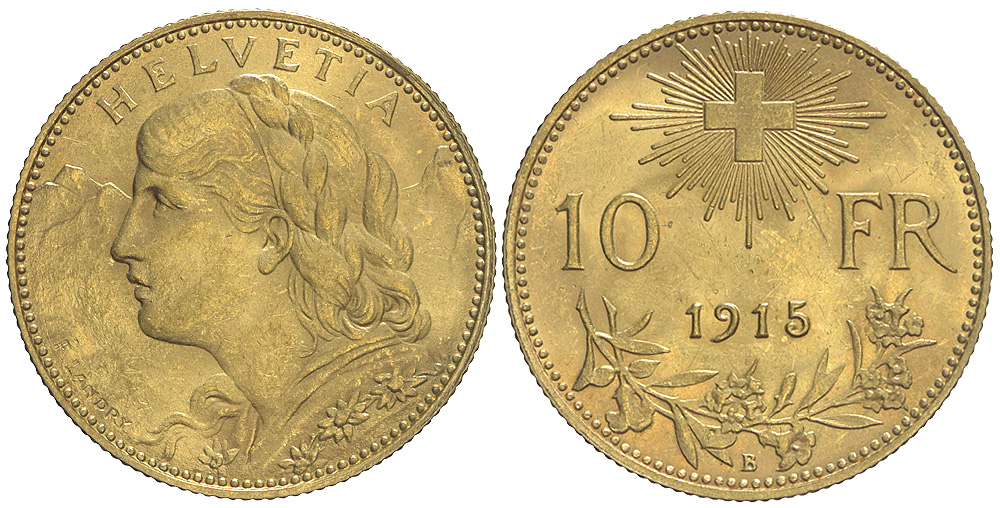 Switzerland Confoederatio Helvetica Francs 1915 Gold 