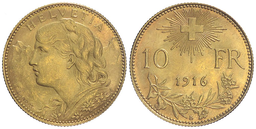 Switzerland Confoederatio Helvetica Francs 1916 Gold 