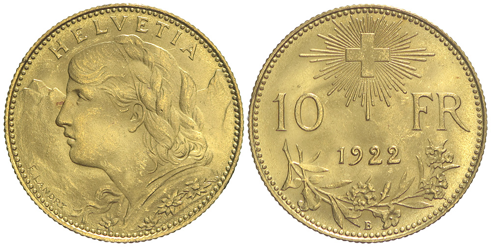Switzerland Confoederatio Helvetica Francs 1922 Gold 