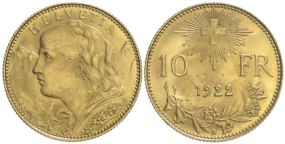 Switzerland Confoederatio Helvetica Francs 1922 Gold 