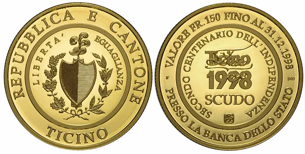 Switzerland Ticino Local Coinage Scudo 1998 Gold 